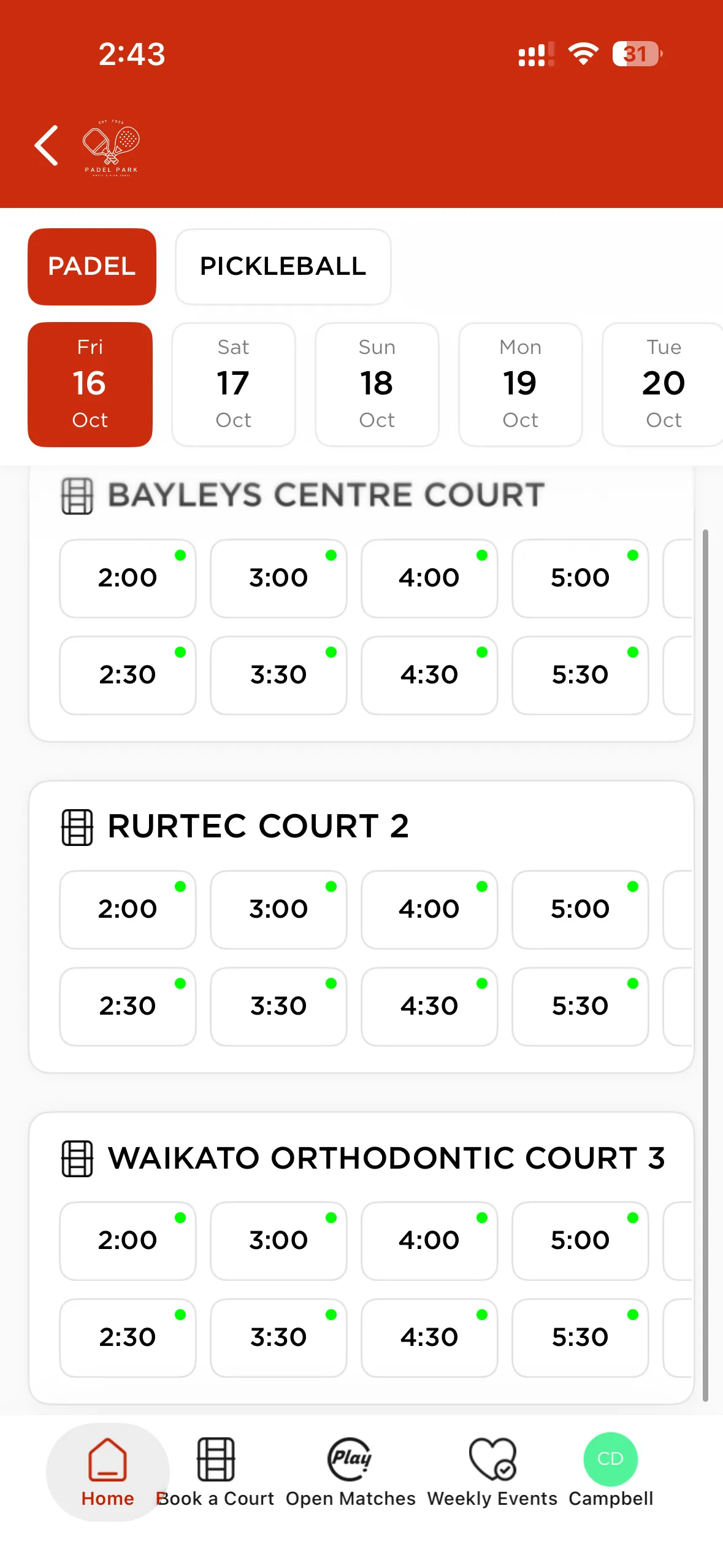 The Padel Park app's Book a Court screen, with padel and pickleball tabs and open times on each court