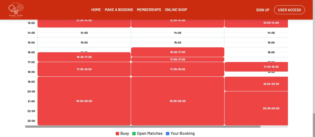 The Padel Park booking grid on the MatchPoint website, showing the three padel courts through the afternoon and evening