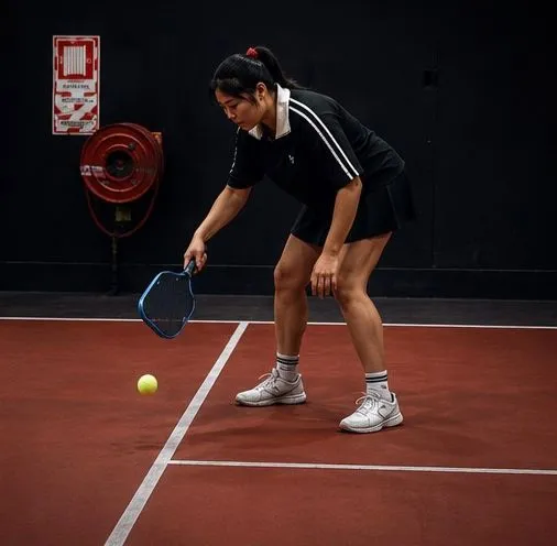 A pickleball player bending low to play the ball on a red court at the Park